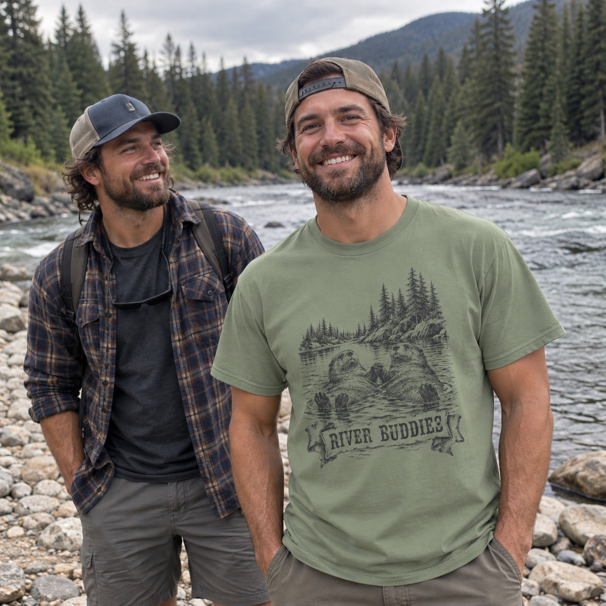 River Buddies T-Shirt worn on a riverbank