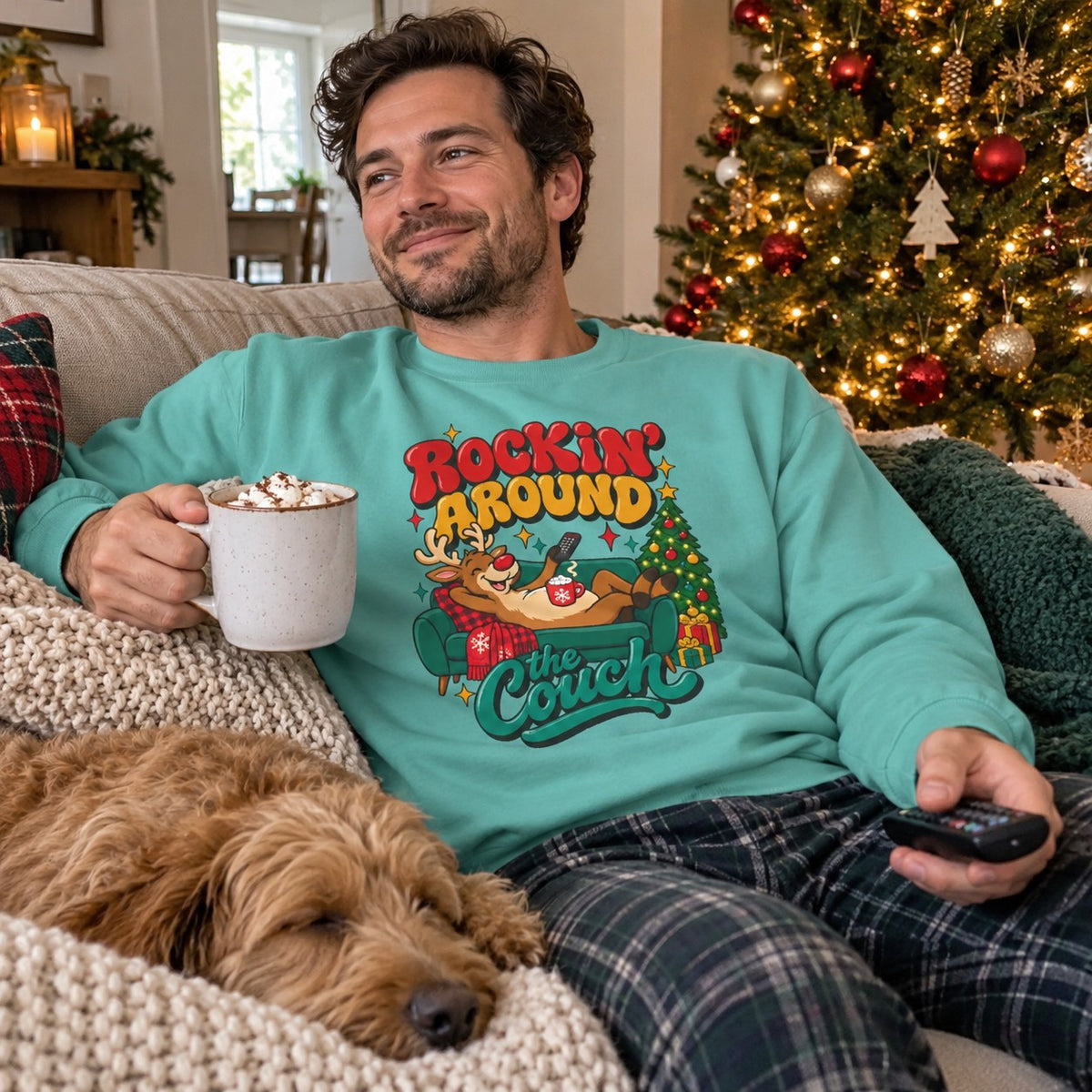 Rockin' Around the Couch Sweatshirt worn in a casual Christmas photo