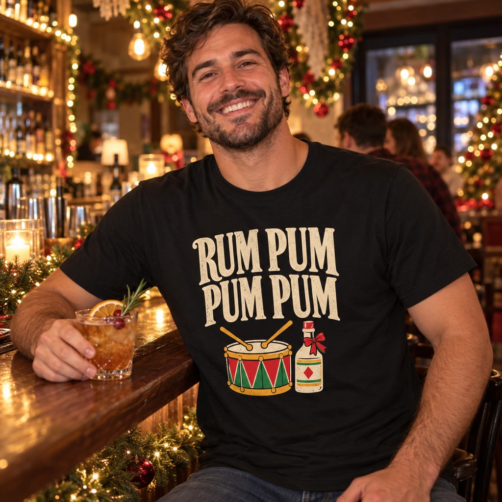 Rum Pum Pum Pum T-Shirt worn in a casual Christmas photo