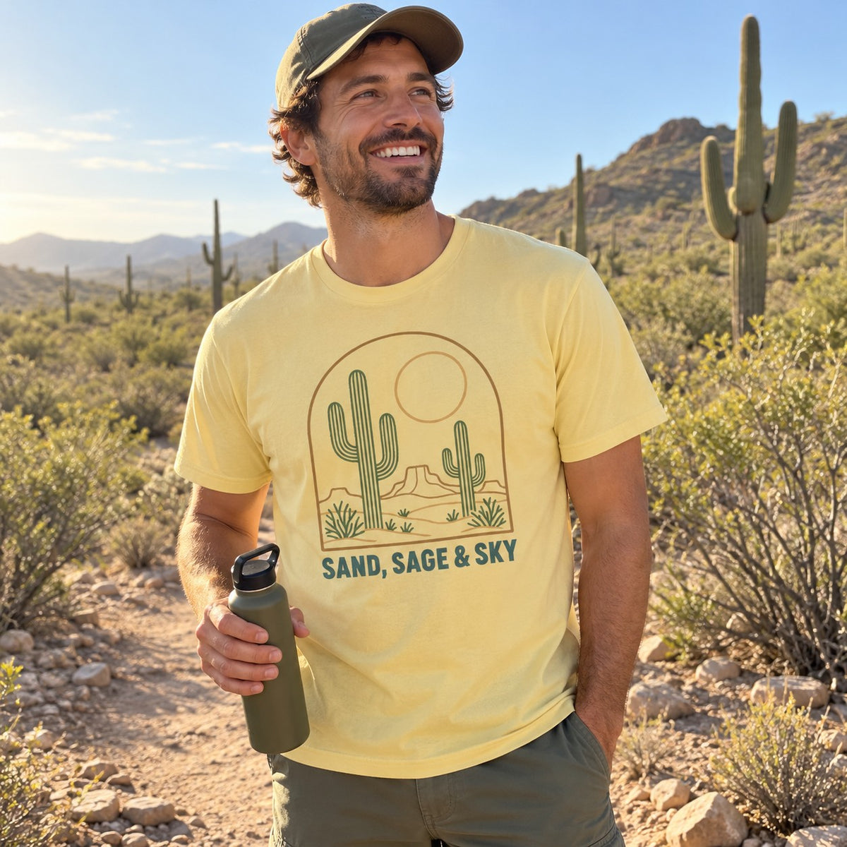 Sand, Sage & Sky T-Shirt worn outdoors