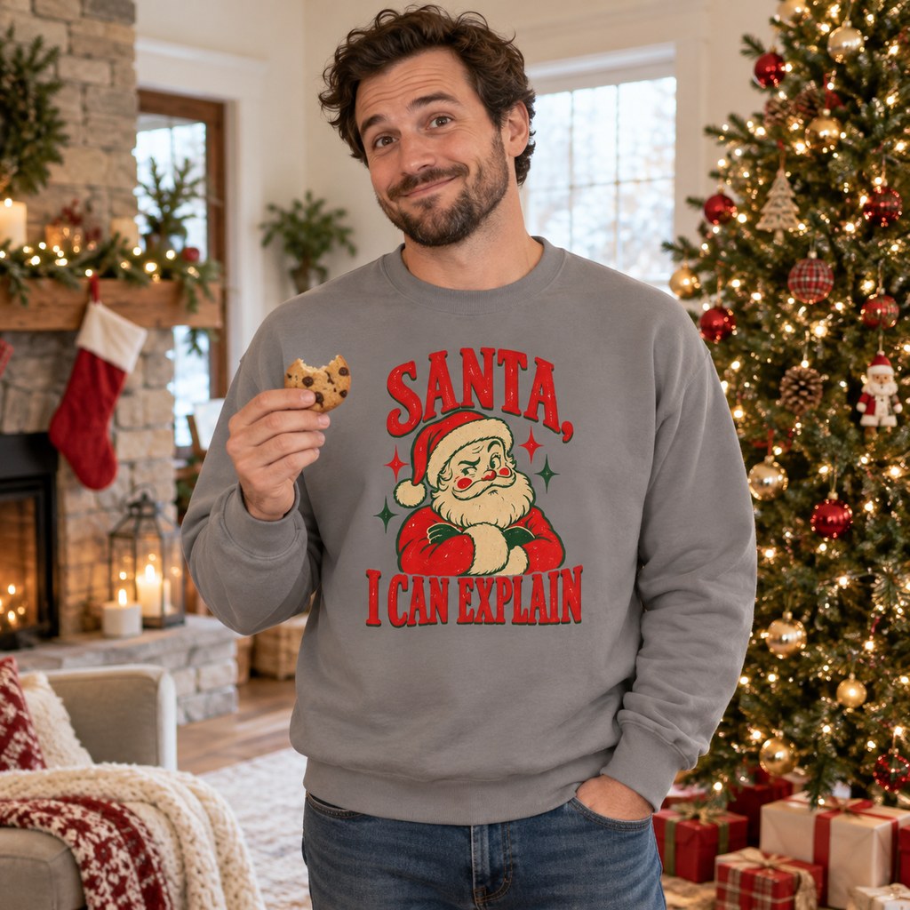 Santa, I Can Explain Sweatshirt worn in a casual Christmas photo
