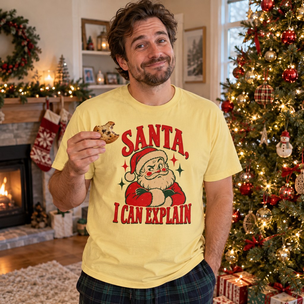 Santa, I Can Explain T-Shirt worn in a casual Christmas photo