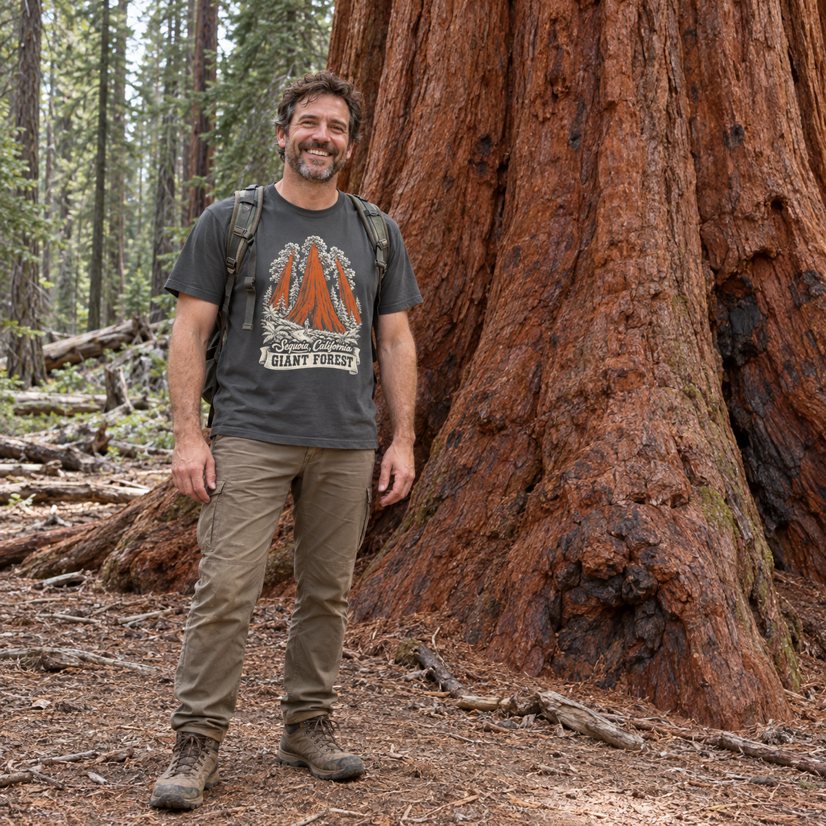 Man wearing the Giant Forest T-Shirt beside a giant sequoia