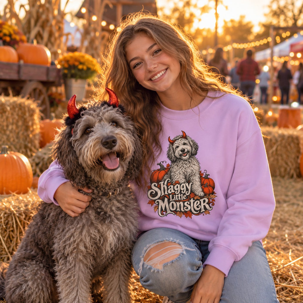 Teen wearing the Shaggy Little Monster Sweatshirt with her labradoodle