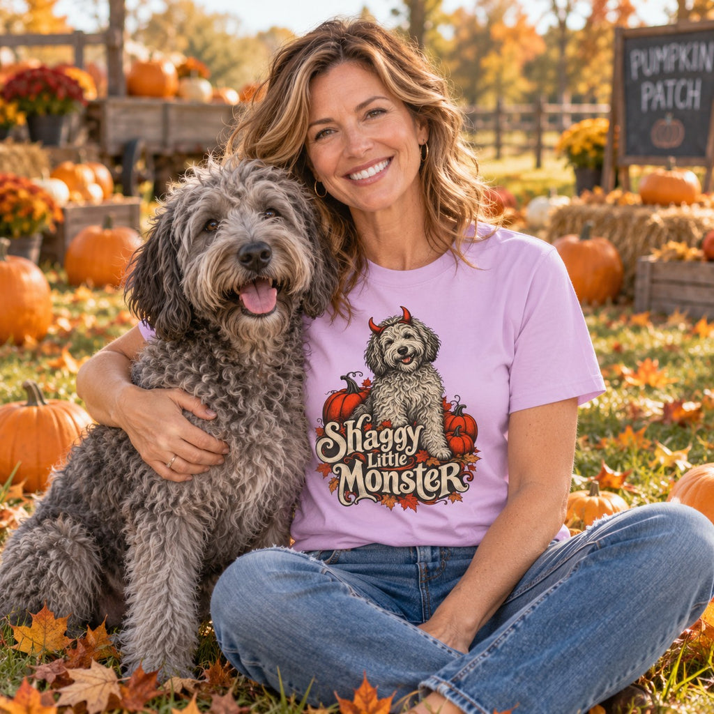 Woman wearing the Shaggy Little Monster T-Shirt hugging her labradoodle