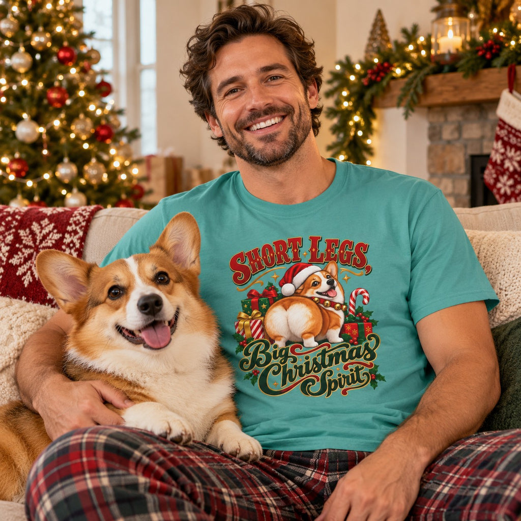 Short Legs, Big Christmas Spirit T-Shirt worn in a casual Christmas photo