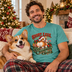 Short Legs, Big Christmas Spirit T-Shirt worn in a casual Christmas photo