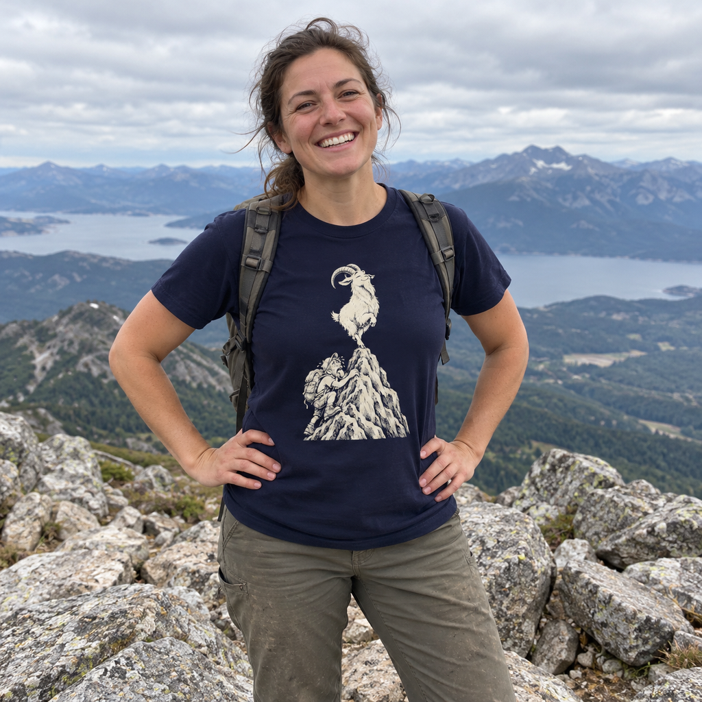 Hiker wearing the Show-Off Mountain Goat T-Shirt