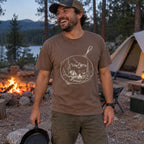 Skillet Campfire T-Shirt worn at a campsite