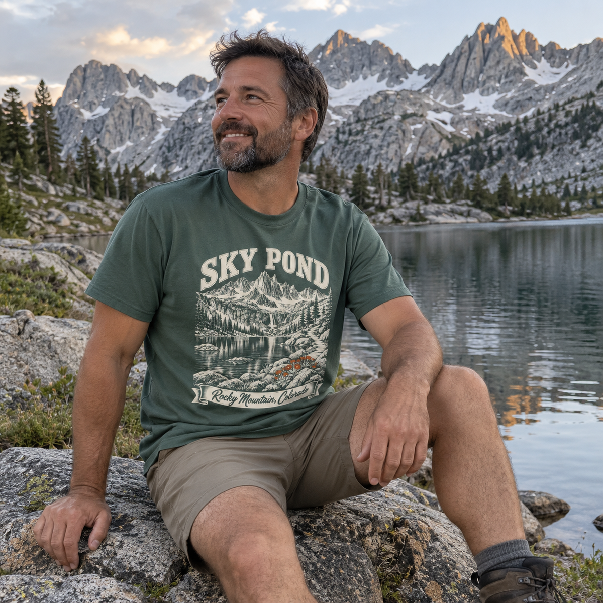 Man wearing the Sky Pond T-Shirt by an alpine lake