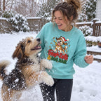 Sleigh Bells & Dog Hair Sweatshirt worn in a casual Christmas photo