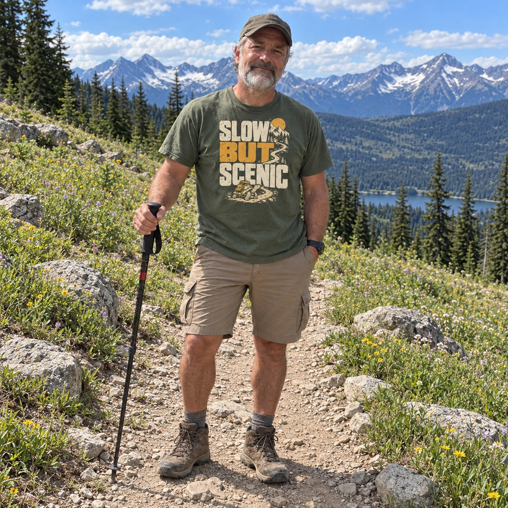 Man wearing the Slow but Scenic T-Shirt on a mountain meadow trail