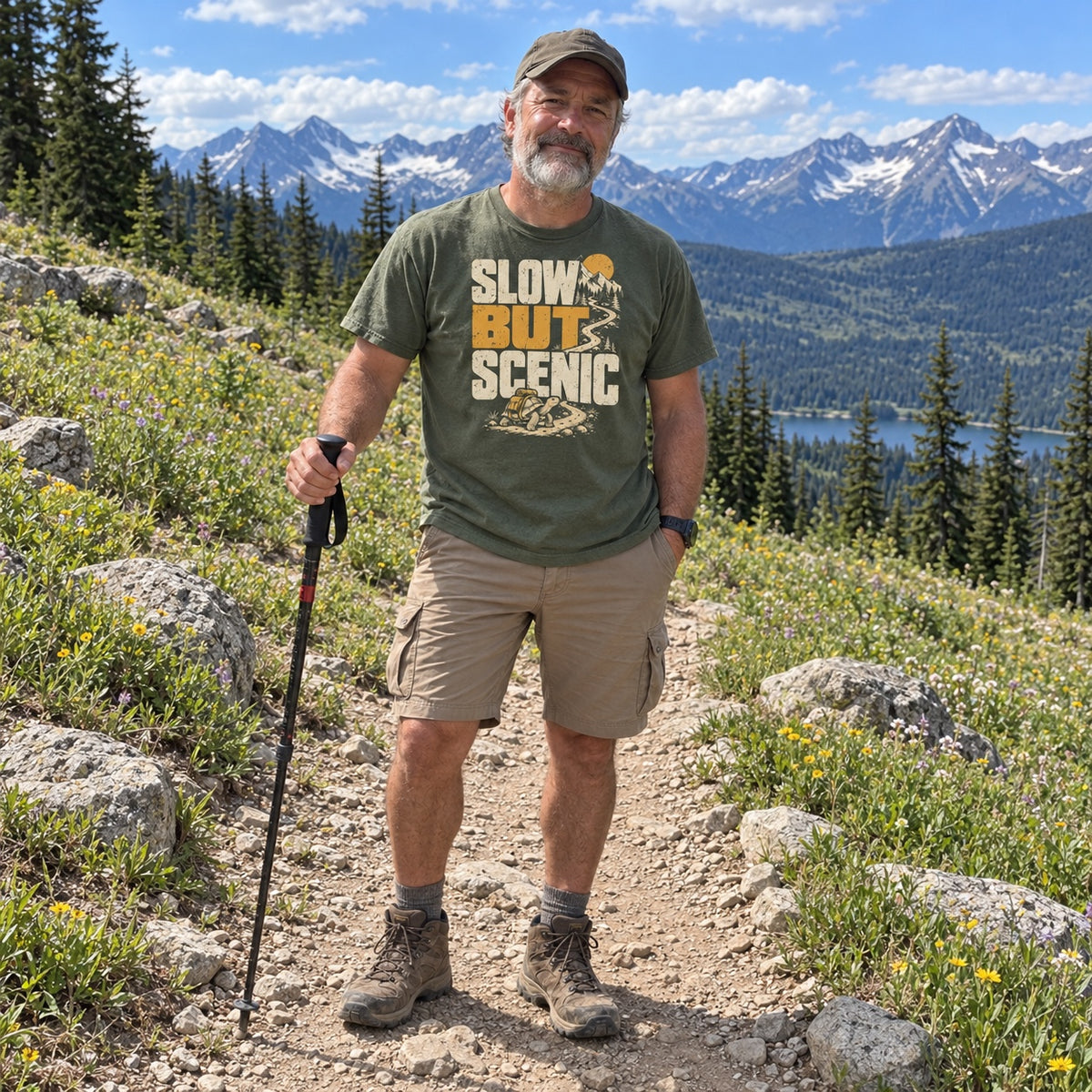Man wearing the Slow but Scenic T-Shirt on a mountain meadow trail