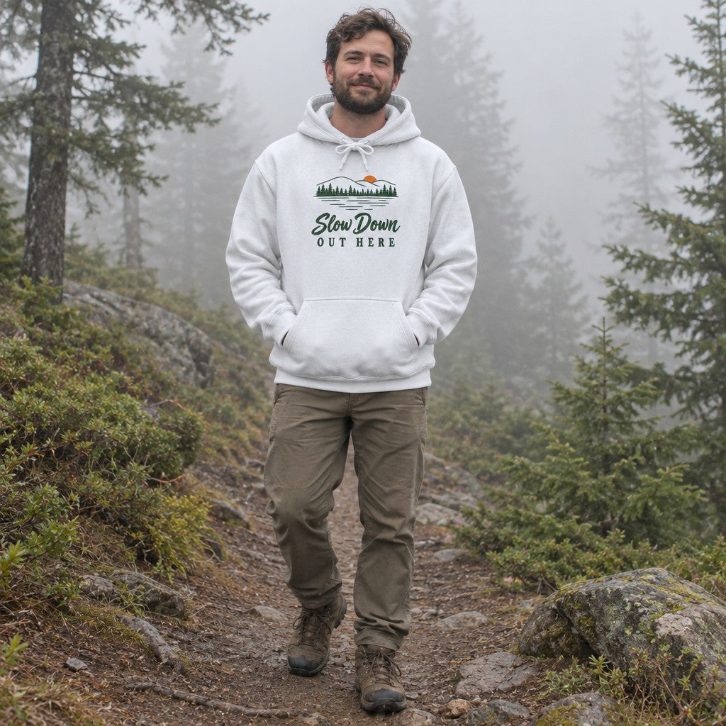 Man wearing the Slow Down Out Here hoodie on a foggy forest trail