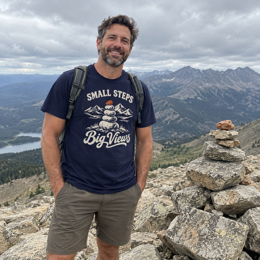 Man wearing the Small Steps, Big Views T-Shirt beside a rock cairn