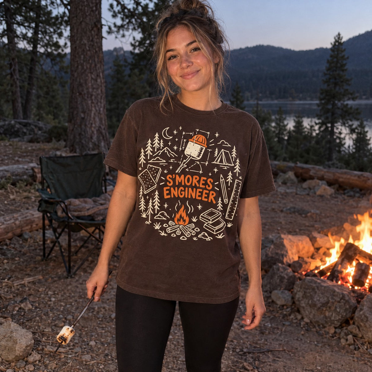 Woman wearing the S'mores Engineer T-shirt by a campfire
