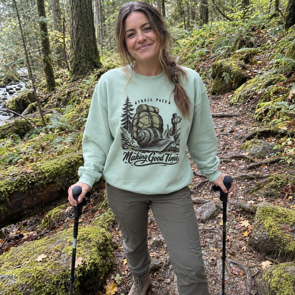 Wearing the Making Good Time Sweatshirt outdoors
