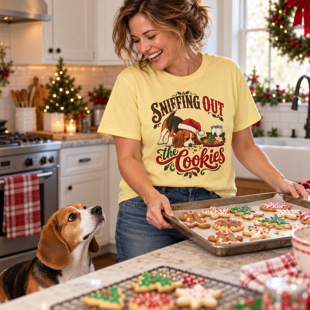 Sniffing Out the Cookies T-Shirt worn in a casual Christmas photo