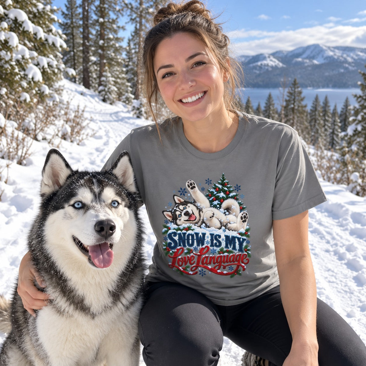 Snow Is My Love Language T-Shirt worn in a casual Christmas photo