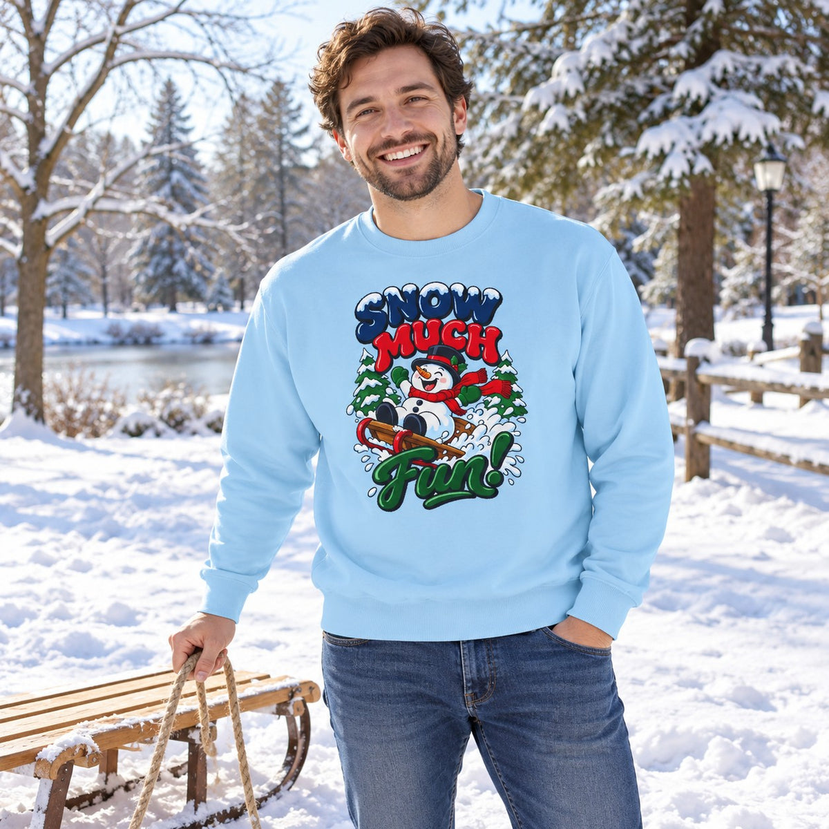Snow Much Fun Sweatshirt worn in a casual Christmas photo