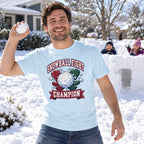 Snowball Fight Champion T-Shirt worn in a casual Christmas photo