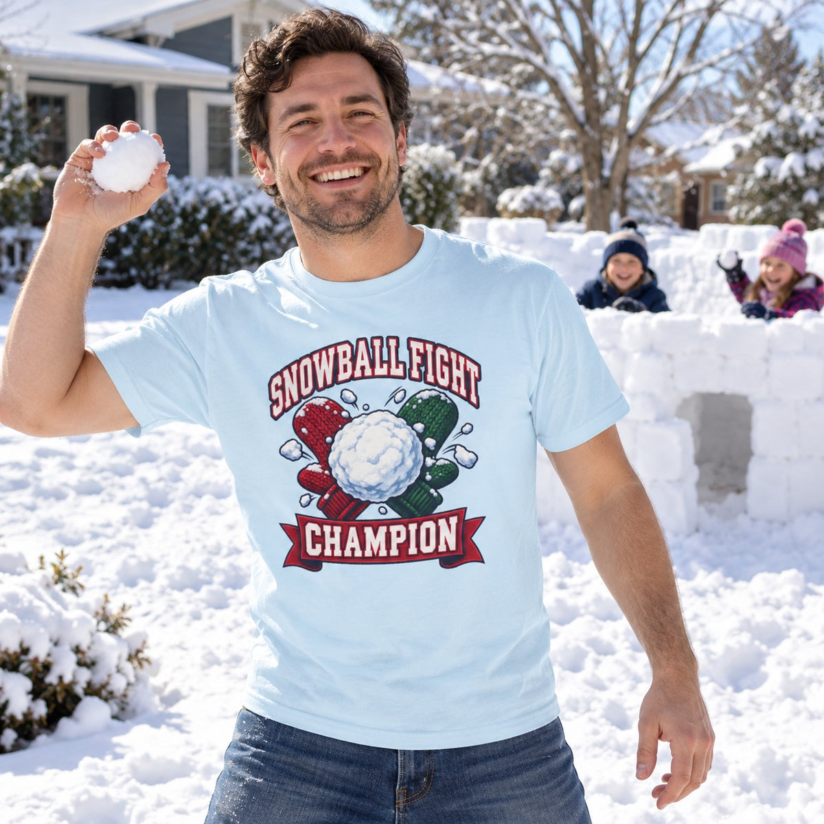 Snowball Fight Champion T-Shirt worn in a casual Christmas photo