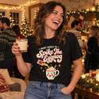 Most Likely To Spike The Eggnog T-Shirt worn in a casual Christmas photo