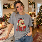 Stay Jolly T-Shirt worn in a casual Christmas photo