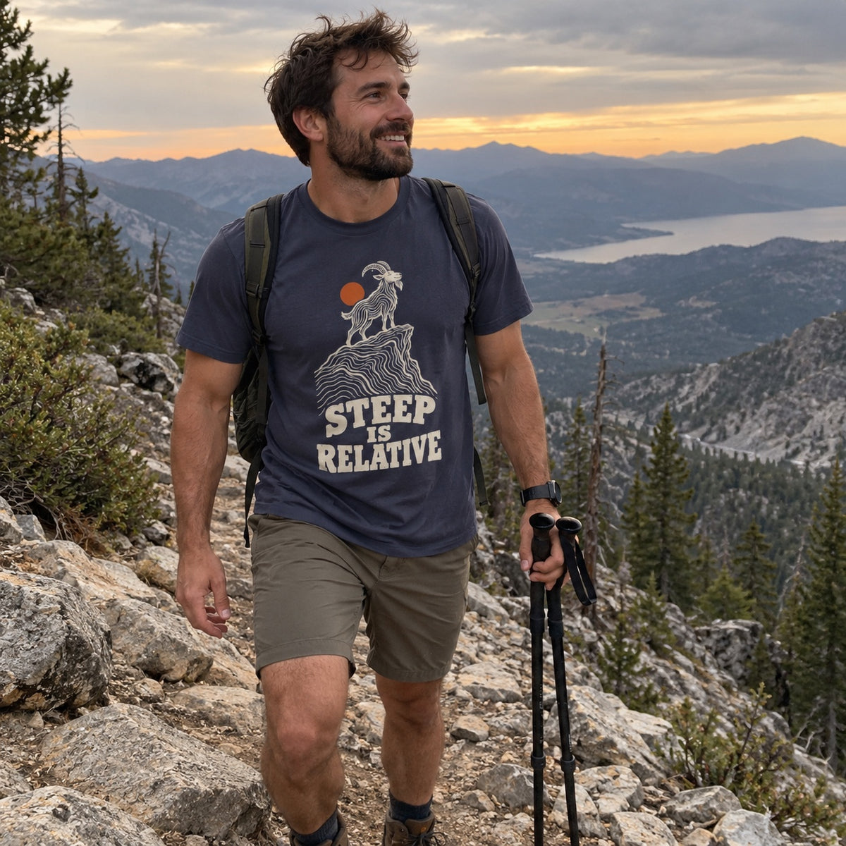 Man wearing the Steep Is Relative T-shirt outdoors