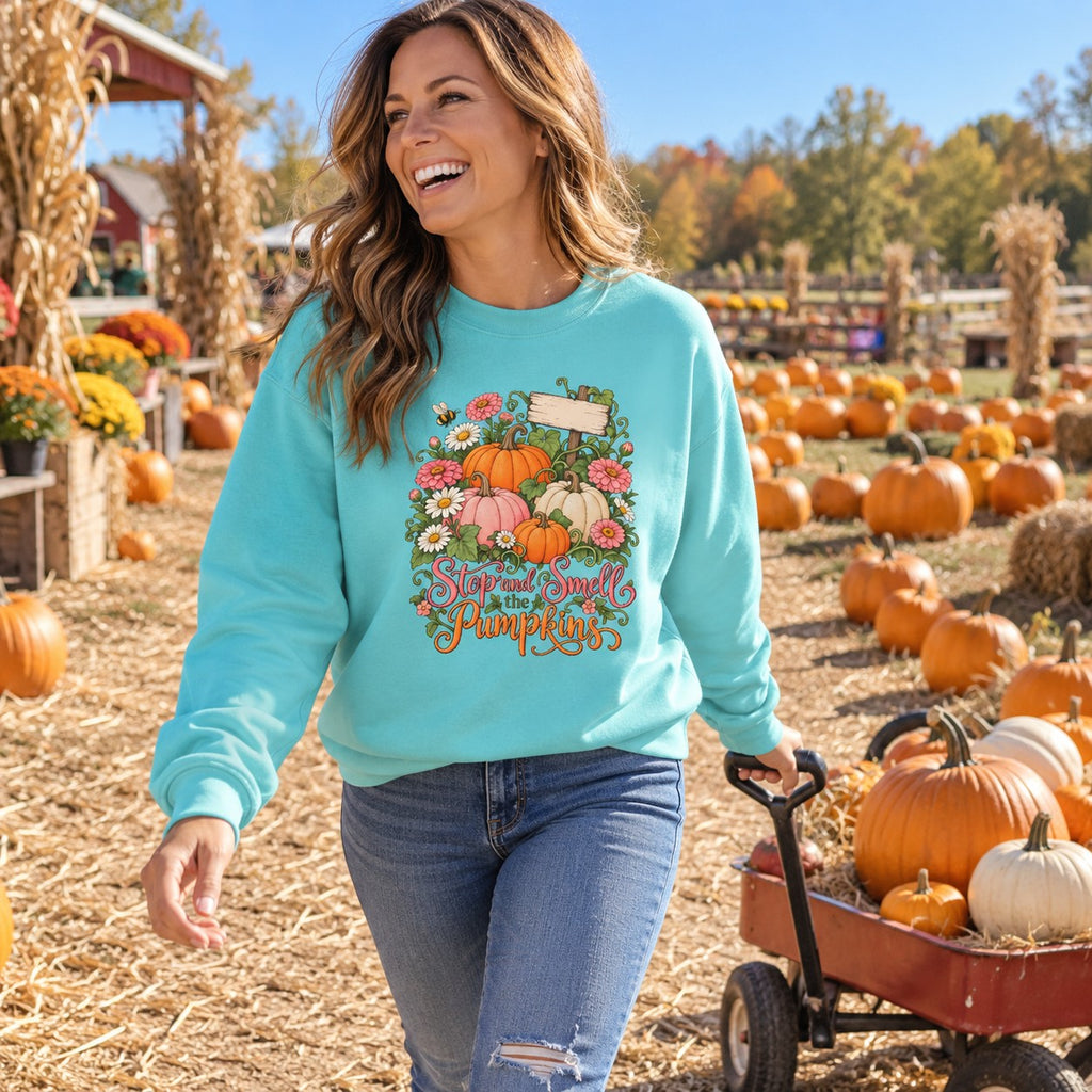 Stop and Smell the Pumpkins Sweatshirt worn in a casual fall photo