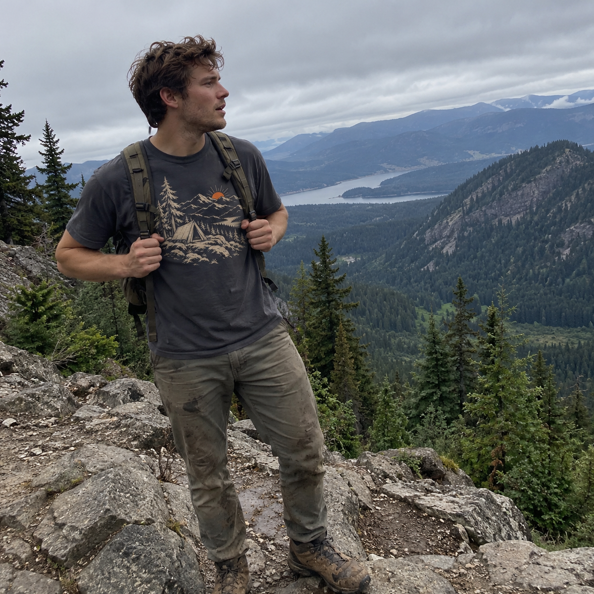 Summit Sunrise T-Shirt worn outdoors