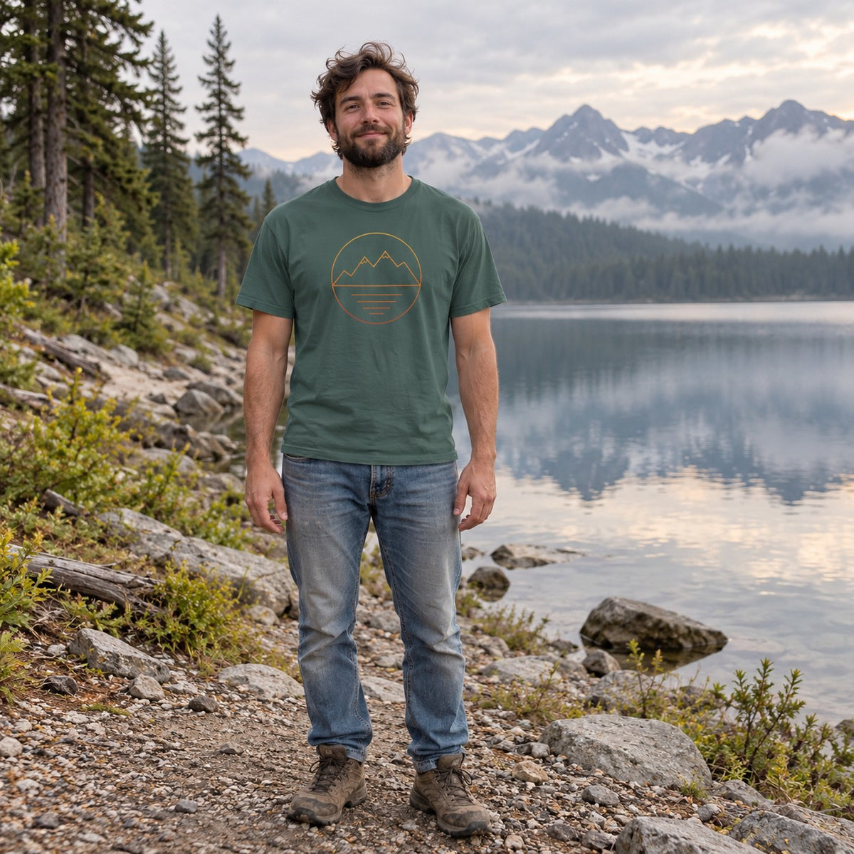 Man wearing the Sunrise Ridge T-shirt in Blue Spruce by a mountain lake