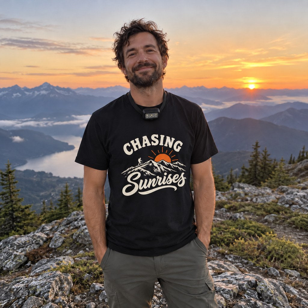 Man wearing the Chasing Sunrises T-Shirt on a ridgeline at sunrise