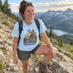 Switchbacks Build Character T-Shirt worn on a hiking trail