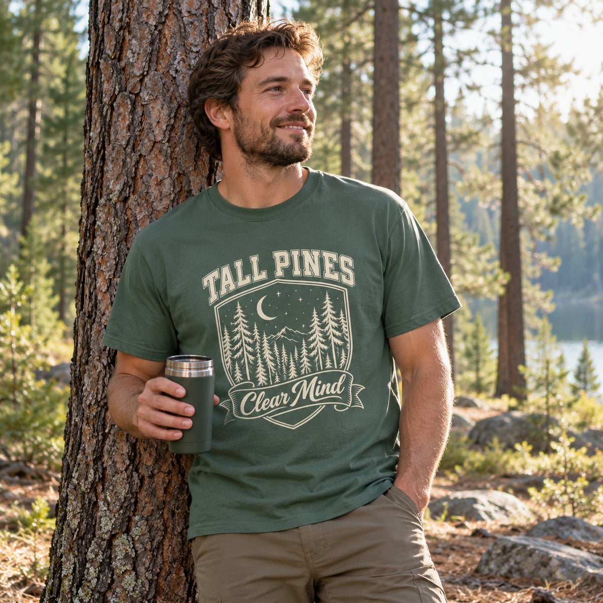 Tall Pines, Clear Mind T-Shirt worn outdoors