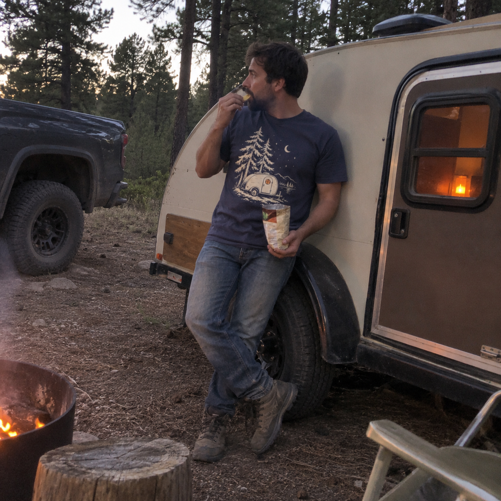 Teardrop Camper T-Shirt worn outdoors