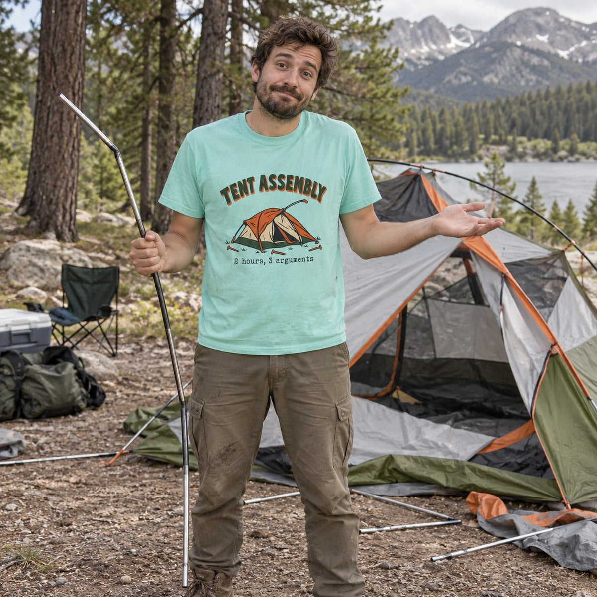 Wearing the Tent Assembly T-Shirt