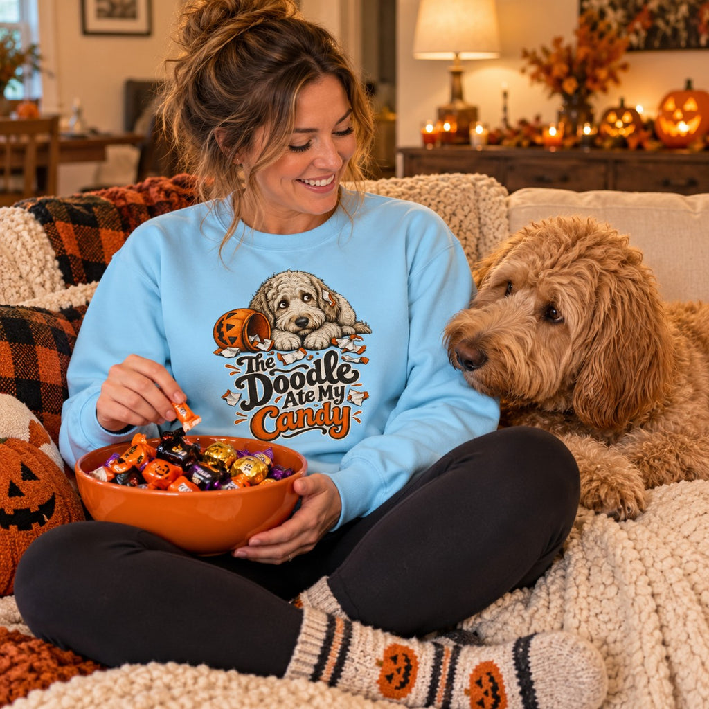 Woman wearing The Doodle Ate My Candy Sweatshirt with her labradoodle