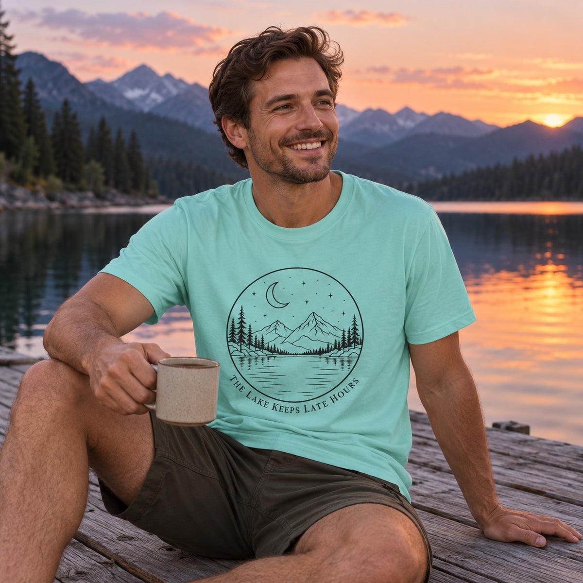 The Lake Keeps Late Hours T-Shirt worn outdoors