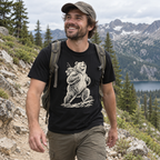 Hiker on a mountain trail wearing the Tiny Backpack Grizzly T-Shirt