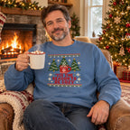 'Tis the Season to Be Cozy Ugly Christmas Sweatshirt worn by the fireplace