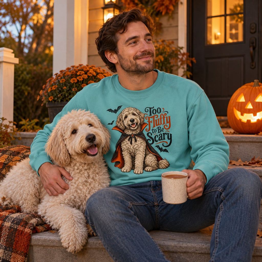 Man wearing the Too Fluffy to Be Scary Sweatshirt with his labradoodle