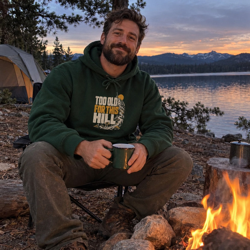 Too Old for This Hill Hoodie worn outdoors
