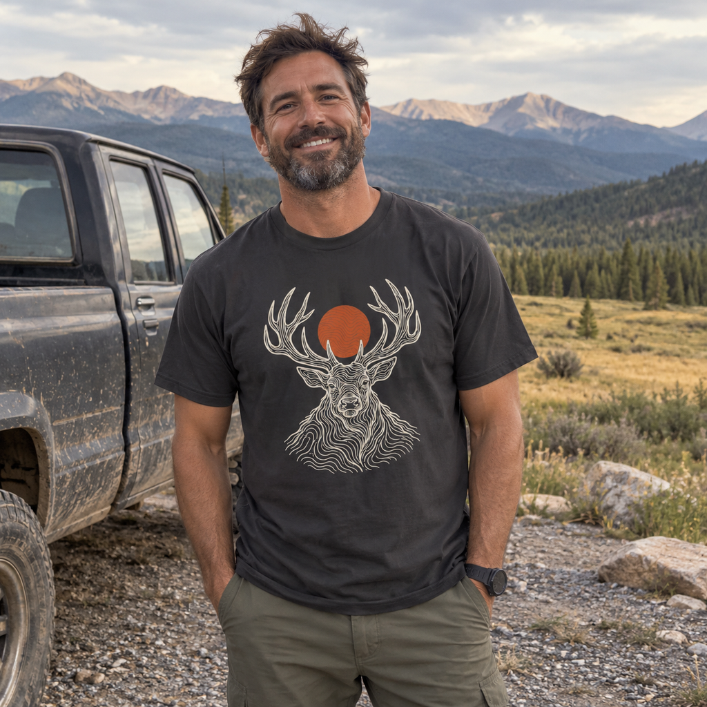 Man wearing the Topo Elk T-Shirt in a mountain meadow