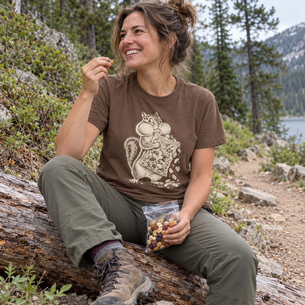 Hiker wearing the Trail Mix Bandit T-Shirt