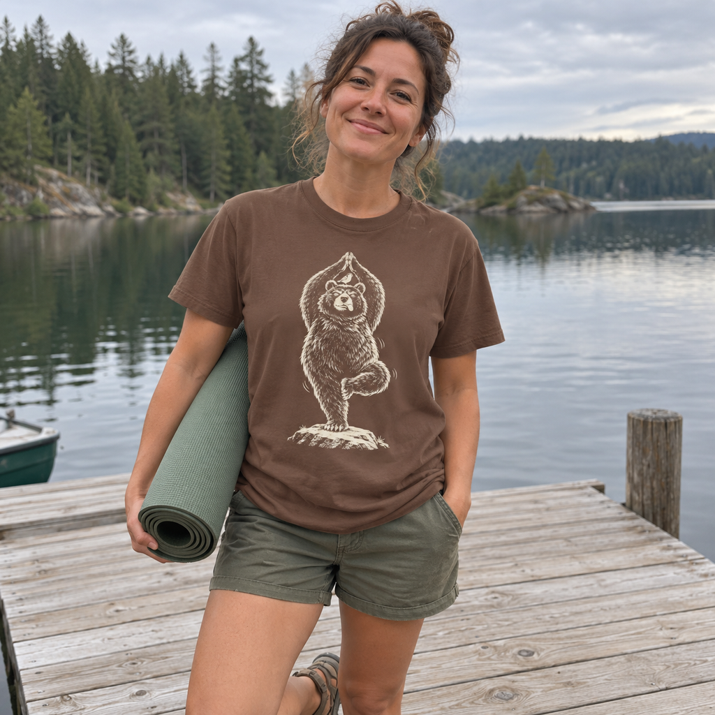 Woman with a yoga mat on a dock wearing the Tree Pose Bear T-Shirt