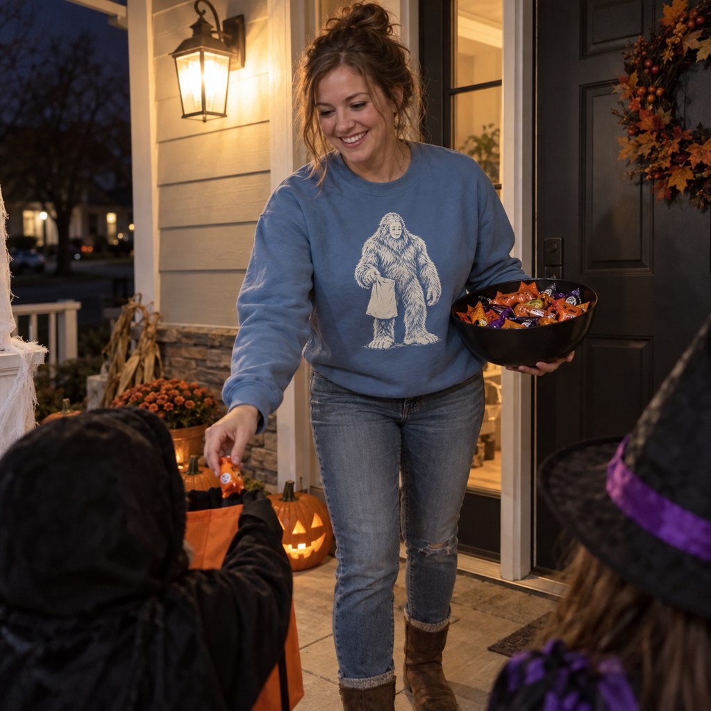 Person wearing the Bigfoot Trick or Treat Sweatshirt