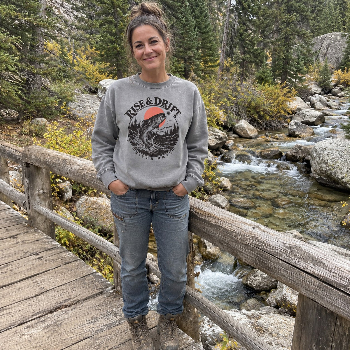 Wearing the Rise & Drift Sweatshirt outdoors