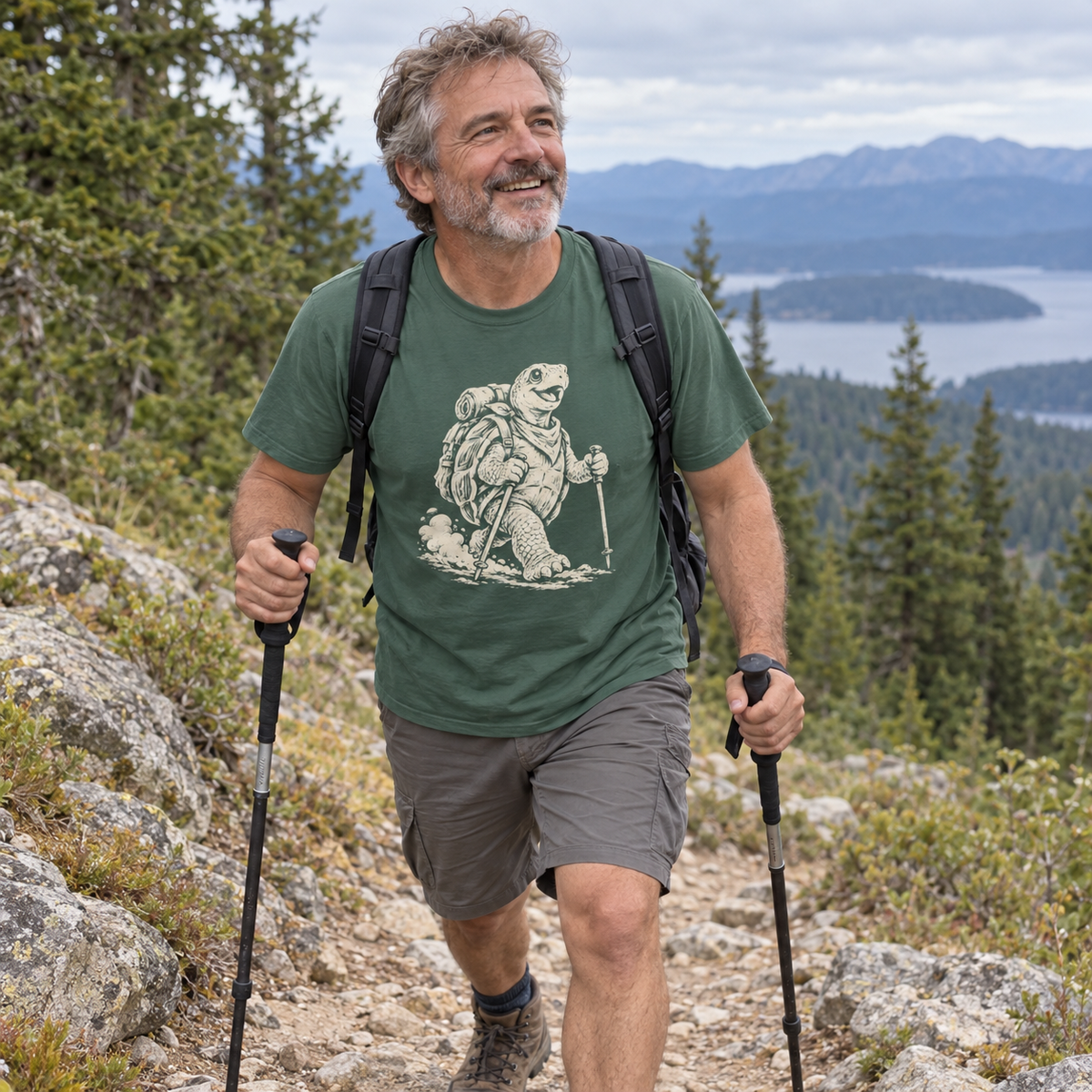 Hiker wearing the Turtle Trekker T-Shirt