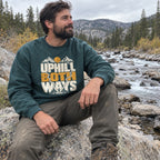 Uphill Both Ways Sweatshirt worn outdoors